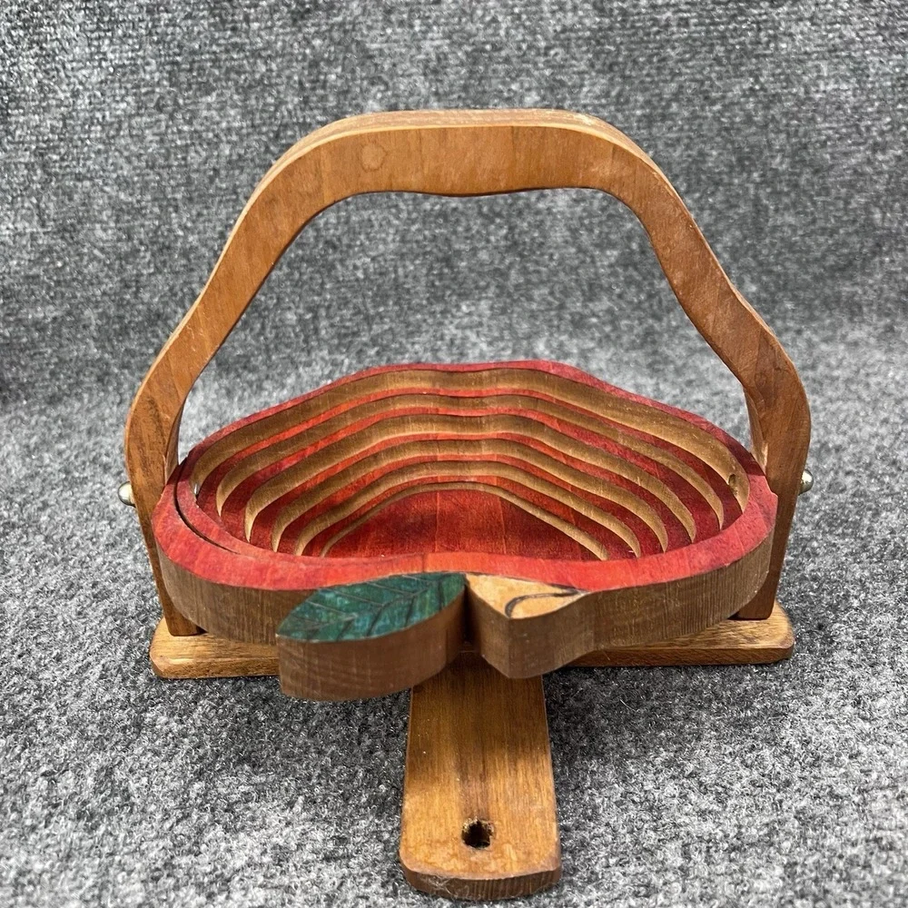 Folding Wooden Red Apple Shaped Fruit Bowl Basket Trivet Collapsible Standing